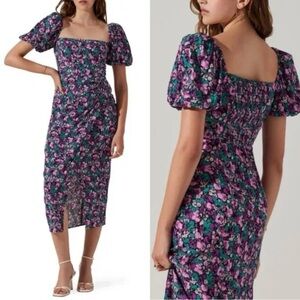 Astr Purple and Green Floral Midi Dress